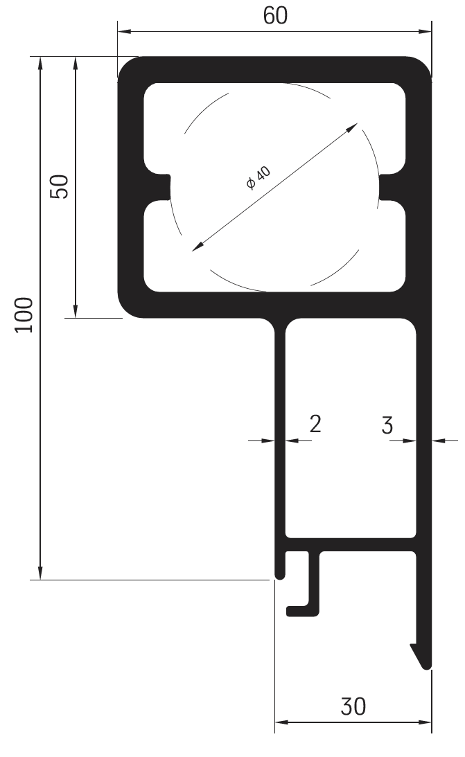 Profil bočnice sklápěče horní 100x60x30 mm, pro čep 40