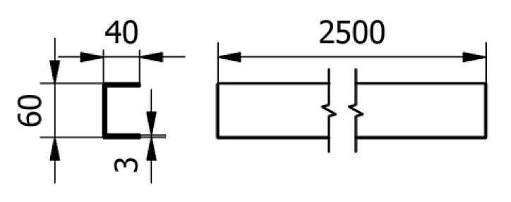 Profil c 60 x 40 x 3 mm, ližiny pro nájezdy