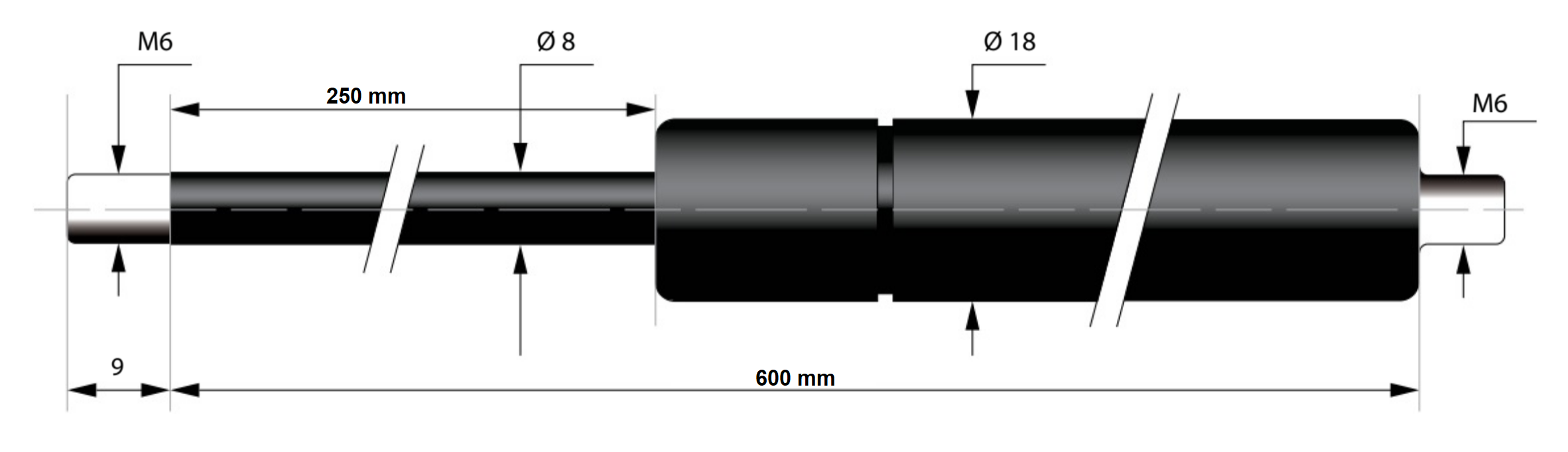 Plynová vzpěra tlačná 8/18, zdvih 250mm, délka 600 mm, tlačná síla 400n, závity m6