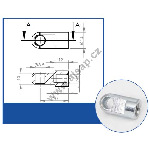 Gas strut end fitting, rounded eye, thickness 10mm, M8