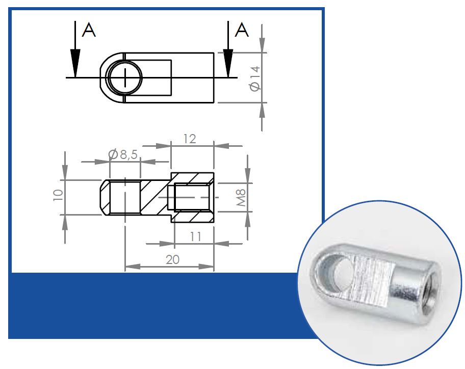 Koncovka plynové vzpěry, oko zakulacené tl. 10mm, m8