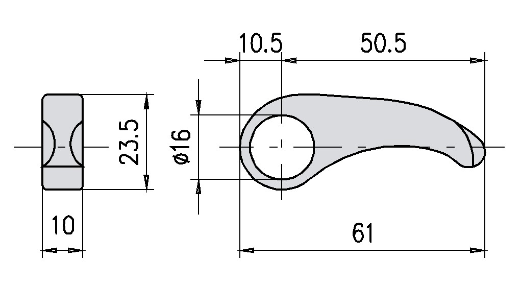 Hák zámku o 16mm, 61 x 23 x 10 mm, nerez