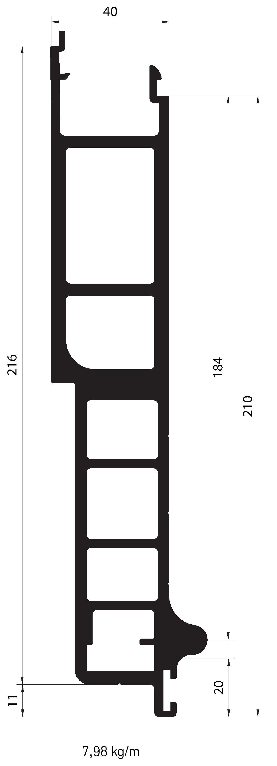 Profil bočnice sklápěče spodní 216x40 mm