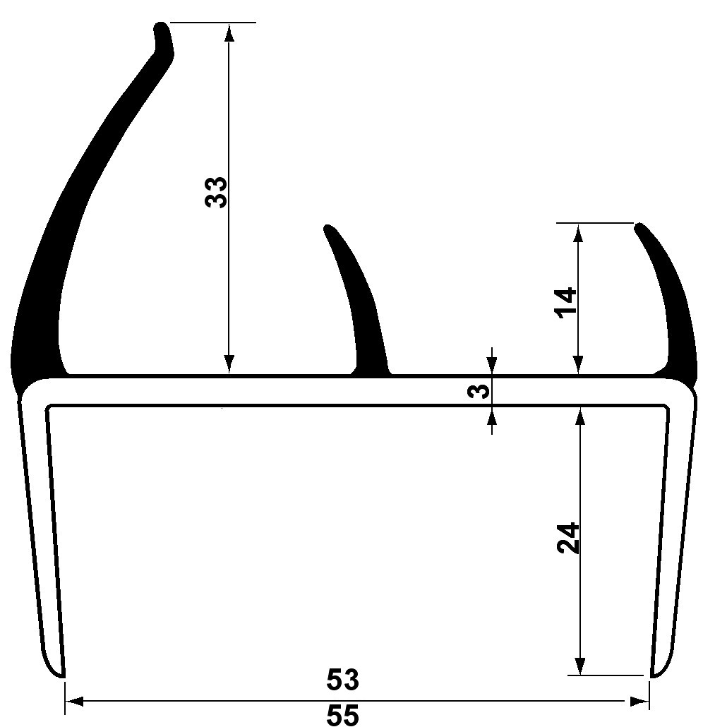 Těsnění PVC 55mm černé/šedé, 3 jazýčky, 5 m