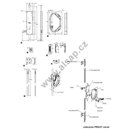 Double-sided 3-point lock, stainless steel, different keys, lock cylinder 22x22 mm