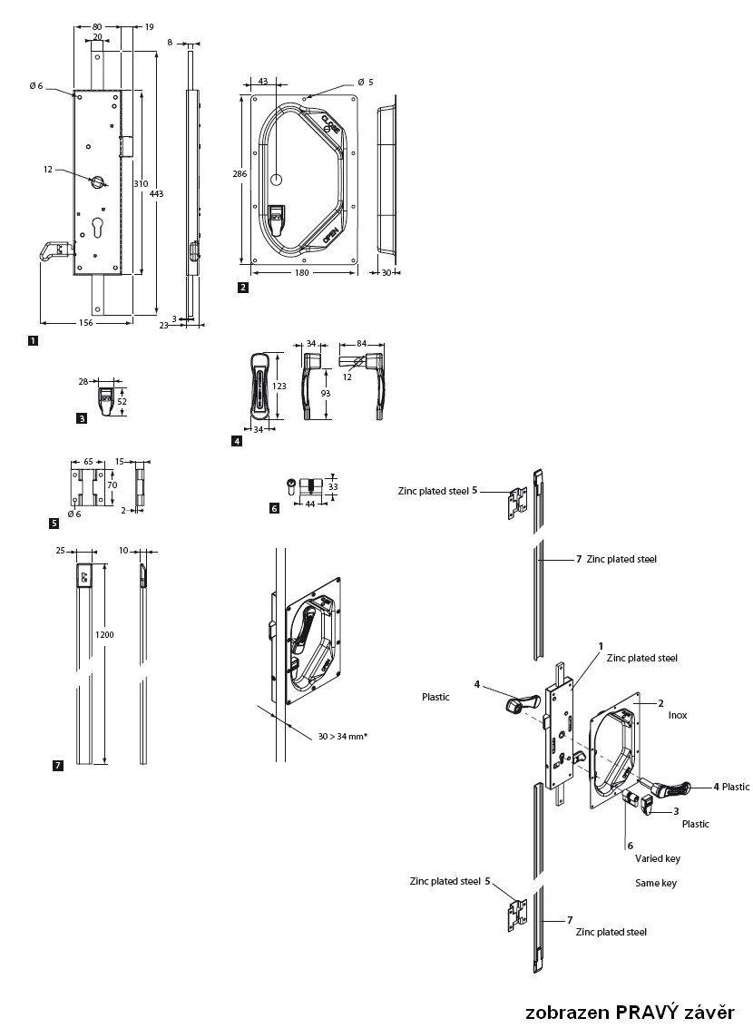 Závěr oboustarnný 3 bodový pravý, nerez, vložka zámku 22*22 mm