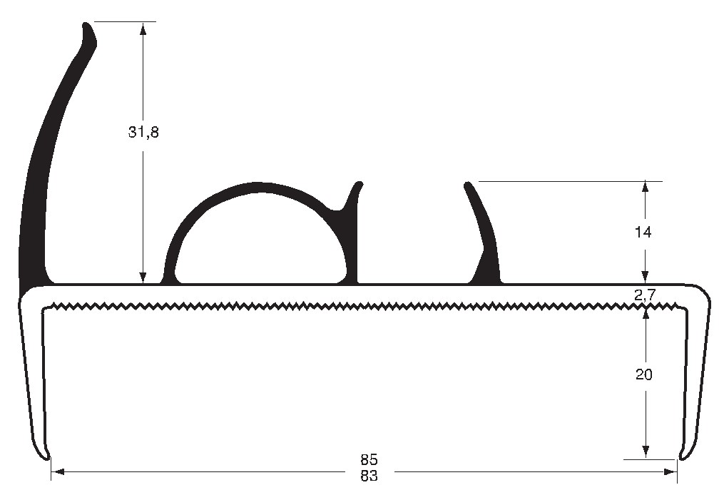 Těsnění PVC 83/85mm šedé, 2 jazýčky, 5 m