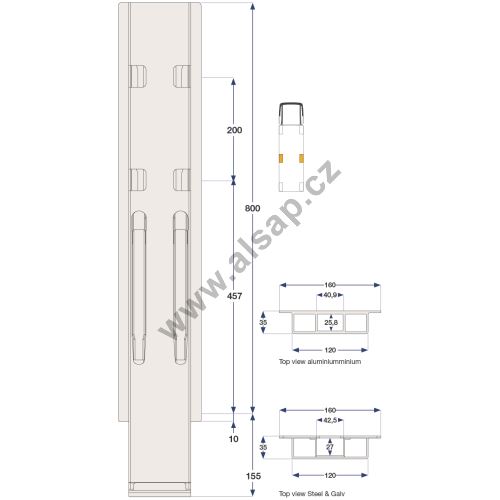 Aluminum Kinnegrip side post 800/120 mm, without end caps, 2 closures, anodized