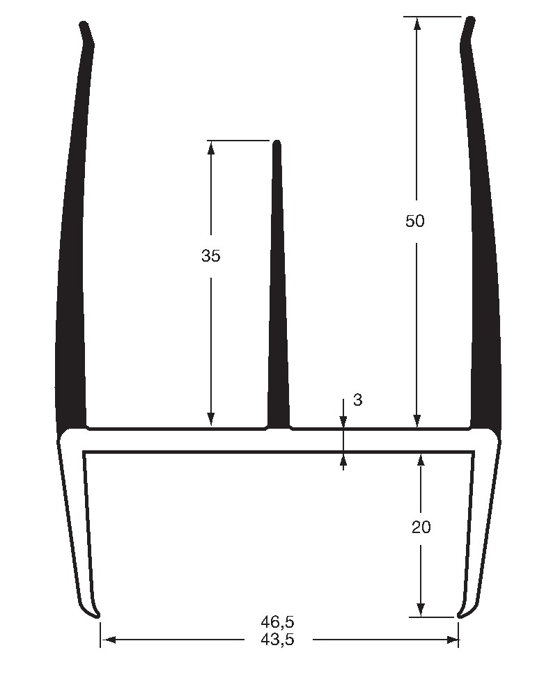 Těsnění PVC 43,5/46,5mm černé/šedé, 3 jazýčky, 2,7m