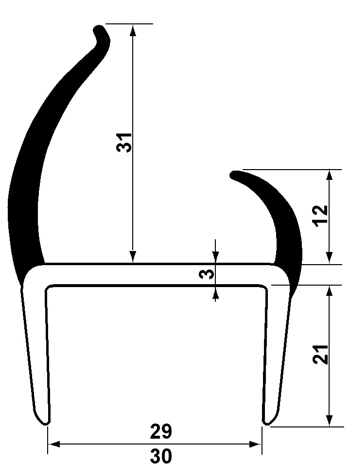 Těsnění PVC 30mm černé/šedé, 2 jazýčky, 5 m