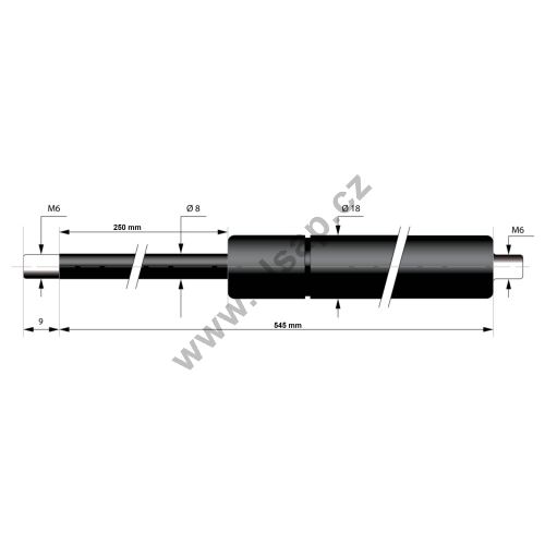 Push-type gas spring 8/18, stroke 250mm, length 545-600 mm, M6 threads