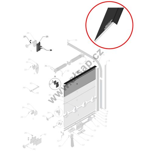 4, 25, 26, 27, 34 - Upper slat, including upper hinge and upper seal, l= 2440mm
