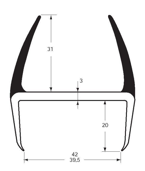 Těsnění PVC 39/42mm šedé, 2 stejné jazýčky, 5 m