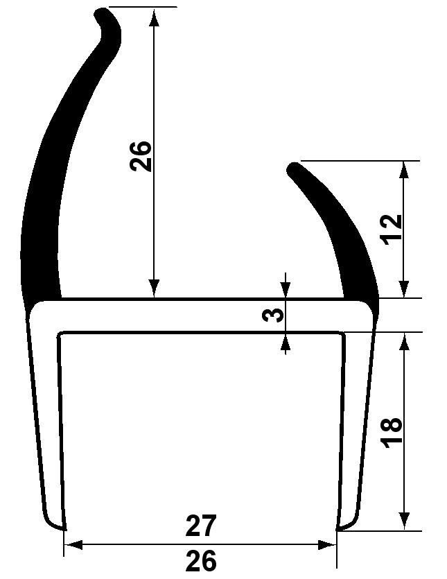 Těsnění PVC 27mm černé/šedé, 2 jazýčky, 2,7 m