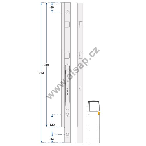 Front right aluminum kinnegrip post 800/40 mm, PP, 2 locks, anodized