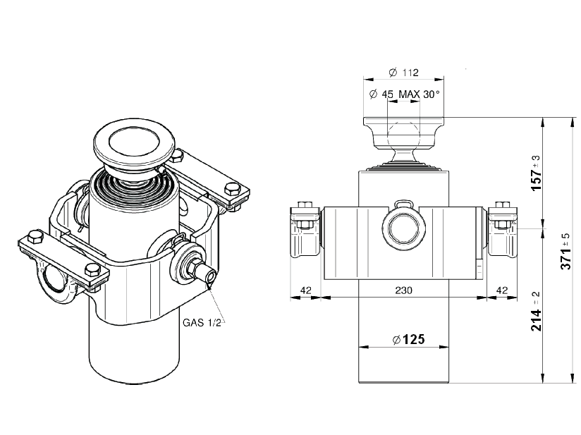 Hydraulický válec S,6st, zdvih 1221mm, sada obsahuje válec, ložiska, kardan, uložení pro p